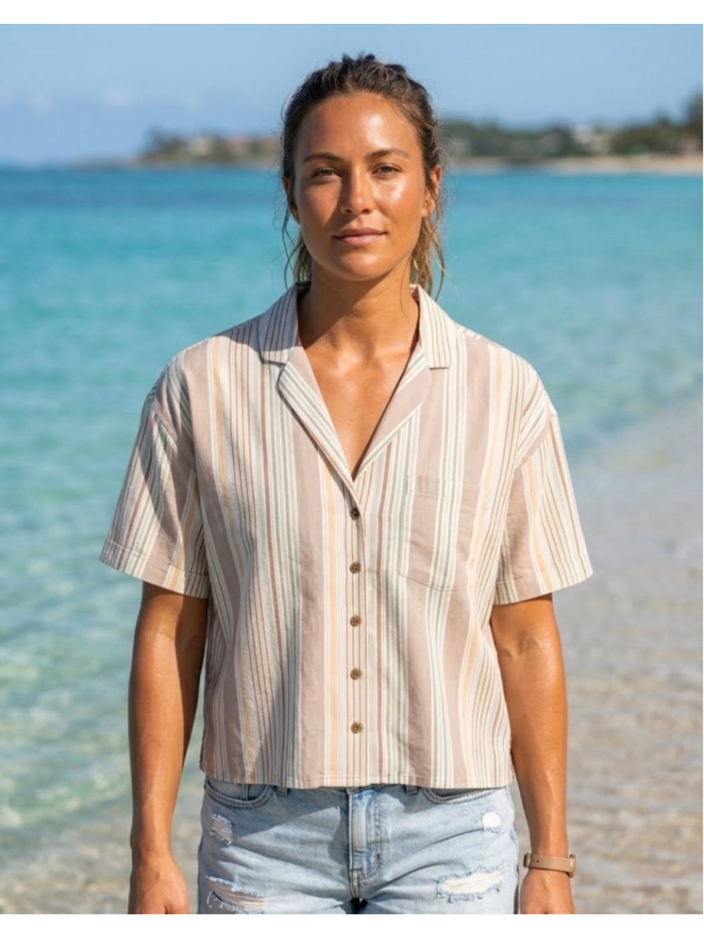 Women's prAna Iguala Cropped Button Down Camp Shirt size XL Pink Beige Boxy 90’s - Picture 3 of 15